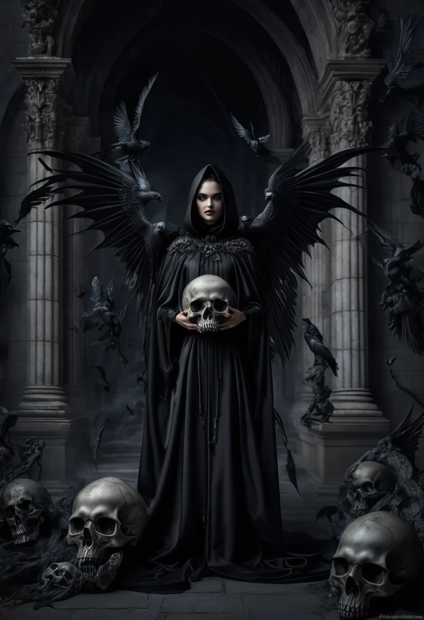 {A hyper realistic photograph of a beautiful girl with fangs and black wings, dressed in a scary cloak, floating in mid-air and facing forward, holding two human skulls in each hand, with a gothic, ancient building adorned with the inscription "VOLK CIRCLE" and statues of mythological creatures, similar to those in Dracula films as the backdrop, the setting is dark and foreboding, with shadows cast by the moonlight, high resolution, 8K, detailed, close-up shot, 50mm lens, highly detailed, HDR, soft ambient light, monochromatic tones}
