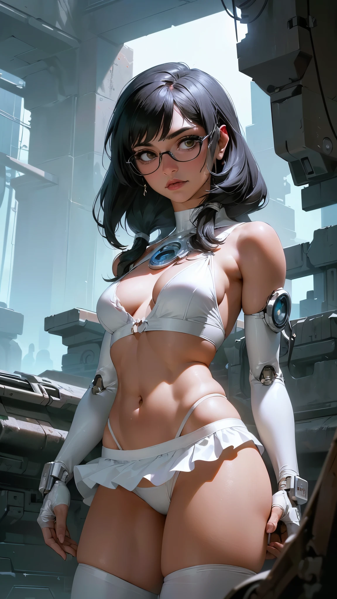 (La mejor calidad,A high resolution,Ultra - detallado,actual),Mia Khalifa en lingerie white baby Doll,(bikini sexy :1.4), (mini skirt negro :1.4),(top corto amarillo :1.4), Camisola con bordado floral boho,,(Fondo de ruinas de mazmorra en ruinas cyberpunk :1.4 ) , More detailed 8K.motor irreal:1.4,UHD,La mejor calidad:1.4, fotorrealista:1.4, textura de la piel:1.4, obra maestra:1.8,obra-prima, mejor calidad,objeto Objeto], (detailed face features:1.3),(Las proporciones correctas),(Ojos hermosos azules),  (pose vaquero), (Mia Khalifa:1.4), (Mia Khalifa V2.1), (perfect anatomy :1.4), (cinematic lighting :1.4), (dynamic cowboy pose), (estilo encaje lingerie white :1.4), (skirt lifted by itself: 1.1), (skirt lift: 1.3), (showing white panties: 1.3), (Mia Khalifa realistic face V2.1) , (manos perfectas hermosas : 1.5),( perfect anatomy V2.1), (no mutaciones), (cyborg mecánica white plastic transparent :1.4), (Bio-Translucent Slime Infused cyborg mecánica :1.4), ,(Fondo de ruinas de mazmorra en ruinas cyberpunk :1.4 ), (medias blancas brillantes cyborg /pantys:1.4),