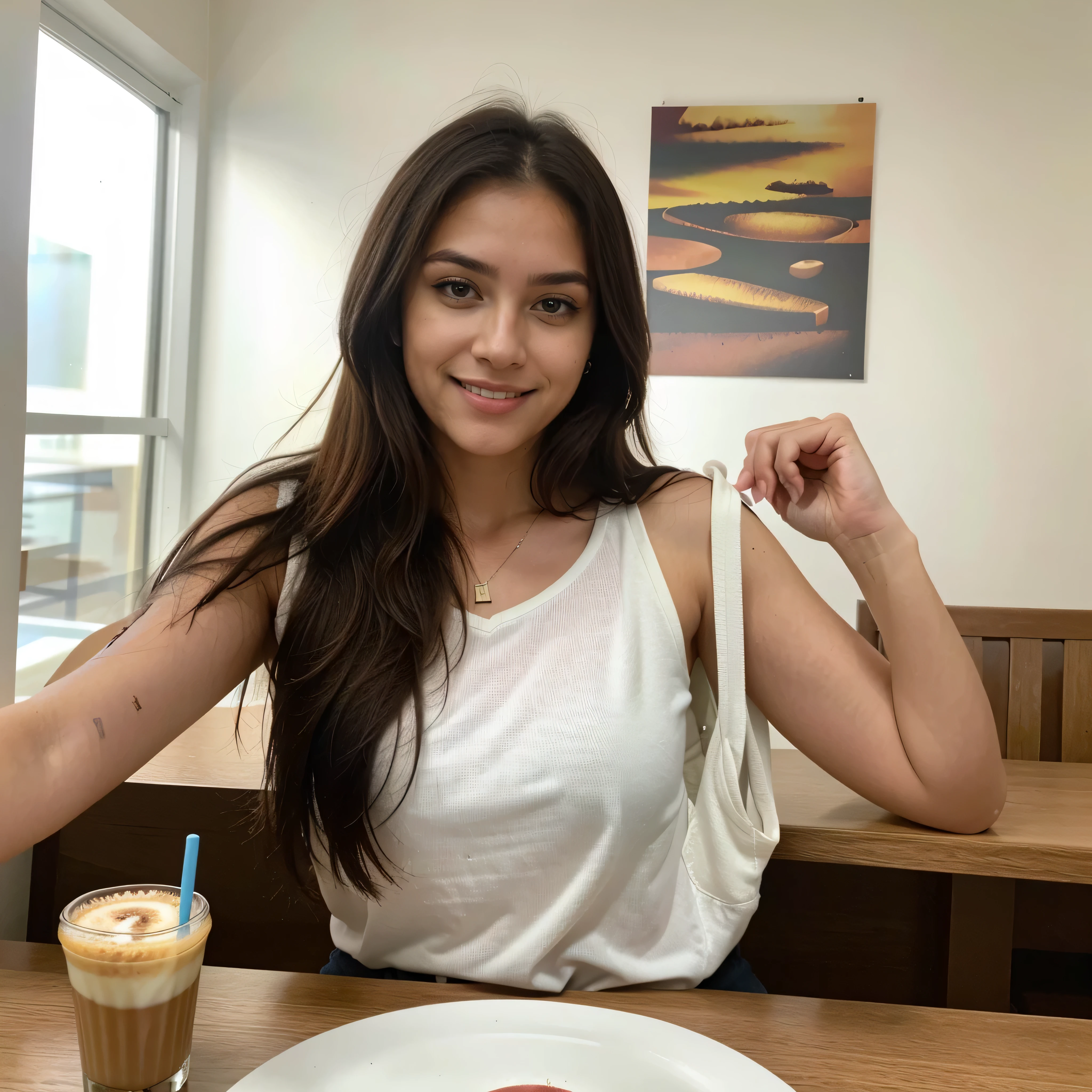 Garota latina hiper-realista de 23 anos, selfie de humor para instagram, ultra definition, (fotorrealista: 1.4), 8K, primeira qualidade, fundos detalhados, cara delicada, Maquiagem natural, Foto CRU, Iphone, HDR, Flertando com o espectador, en un restaurante, tomando um capuccino, com roupa, sorridente
