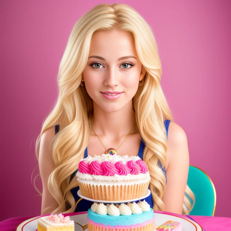 (best quality,4k,8k,high res,masterpiece:1.2),ultra-detailed, photorealistic, flaxen blonde hair,long hair, Mature and beautiful, realistic portrayal:1.2 Sailor Moon eating rainbow cake for her birthday. David Taylor 2000s photography 