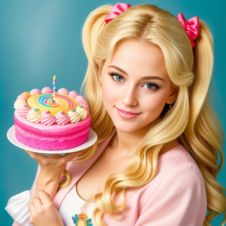 (best quality,4k,8k,high res,masterpiece:1.2),ultra-detailed, photorealistic, flaxen blonde hair,long hair, Mature and beautiful, realistic portrayal:1.2 Sailor Moon eating rainbow cake for her birthday. David Taylor 2000s photography 