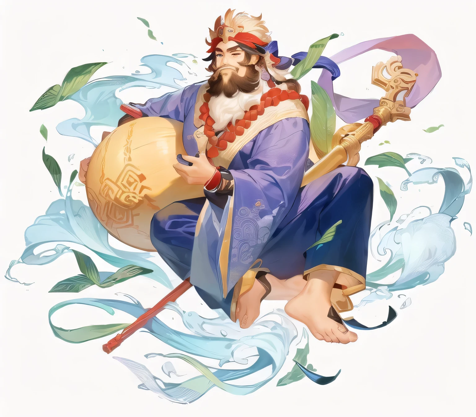 Alafud image of a man with a big beard、Man holding a large gourd, Inspired by Hu Zaobin, Full color illustrations, Sun Wukong, Inspired by Huang Shen, Sun Wukong, Inspired by Pu Hua, Inspired by Gong Xian, Chinese Mythology, guan yu, Inspired by Wu Bin, Legendary god holding a spear, Full-color digital illustrations