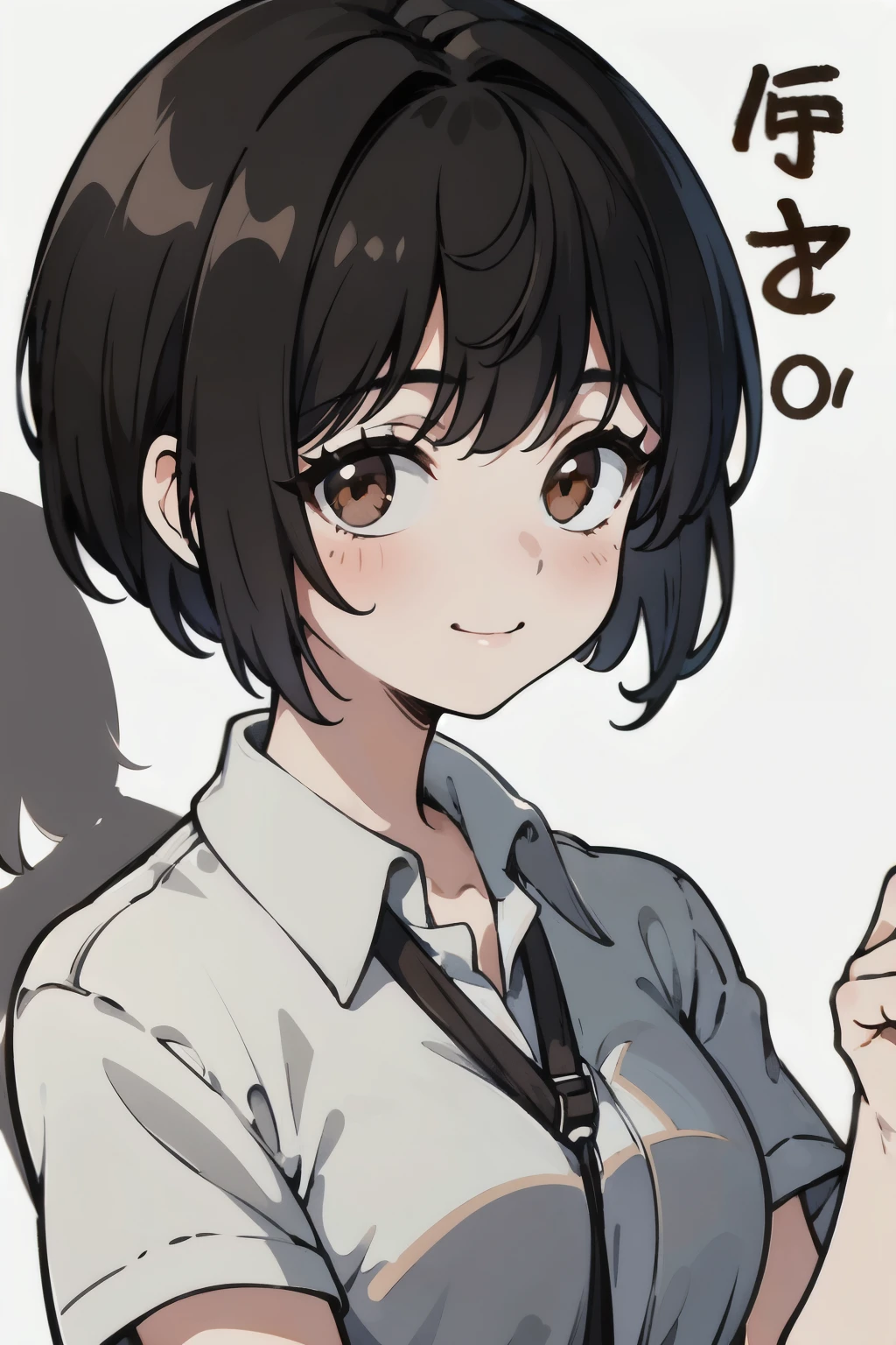 masterpiece, Best Quality 1 Girl, short hair, looking at the audience, Solitary, Brown eyes, shirt , !, brown hair, white shirt, Bangs, Upper Body, Smile, Black Hair, shadow , front，Holding a white sign，Cover your mouth，Raise your eyes，There is no light and shadow，Solid color background
