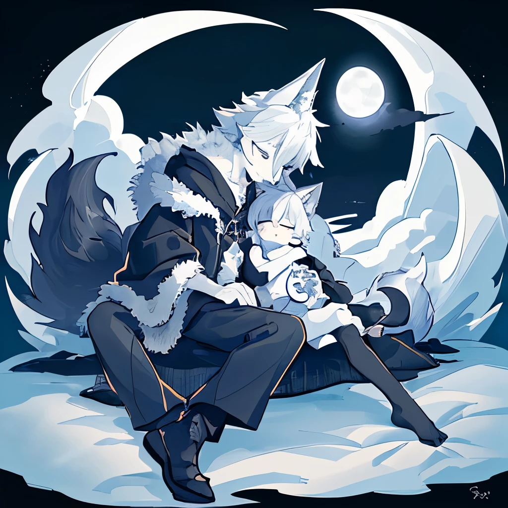 1 boy,furry art,kemono,((masterpiece)), (best quality), (simple style), Black and white style,Dark,Dim moonlight,Wolf Boy,Sleep,A quiet scene,Sea of clouds under moonlight