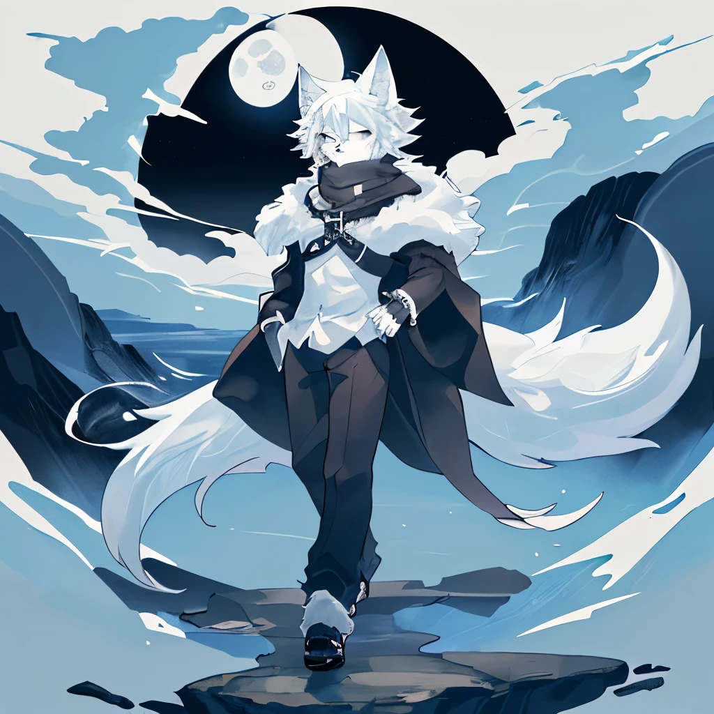 1 boy，furry art，kemono，((masterpiece)), (best quality), (simple style), Black and white style，Dark，Dim moonlight，Wolf Boy，Sleep，A quiet scene，Sea of clouds under moonlight