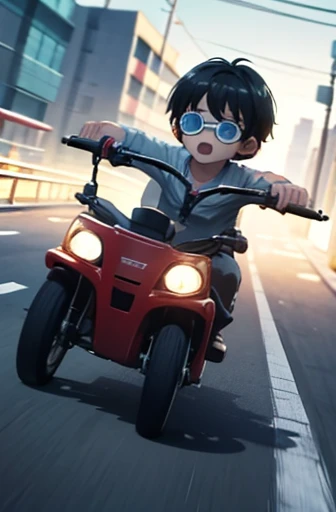 slow shutter, (blur:1.3), anime style, super fine illustration, highly detailed, dynamic angle, beautiful detailed, 8k, During the daytime on a road, BREAK a three-year-old boy with a pacifier  rides a  tricycle at high speed with a fierce expression. Initial D wind,Late Night,{masterpiece},{high quality},sunglasses,{Perfect Face}