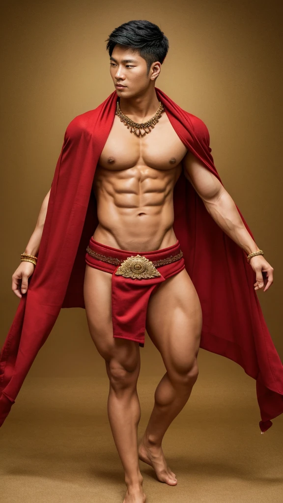 The figure of an Asian male with full body muscles is wearing a red shawl, with various accessories and jewelry. The background is plain, so the focus is on the detailed character designs