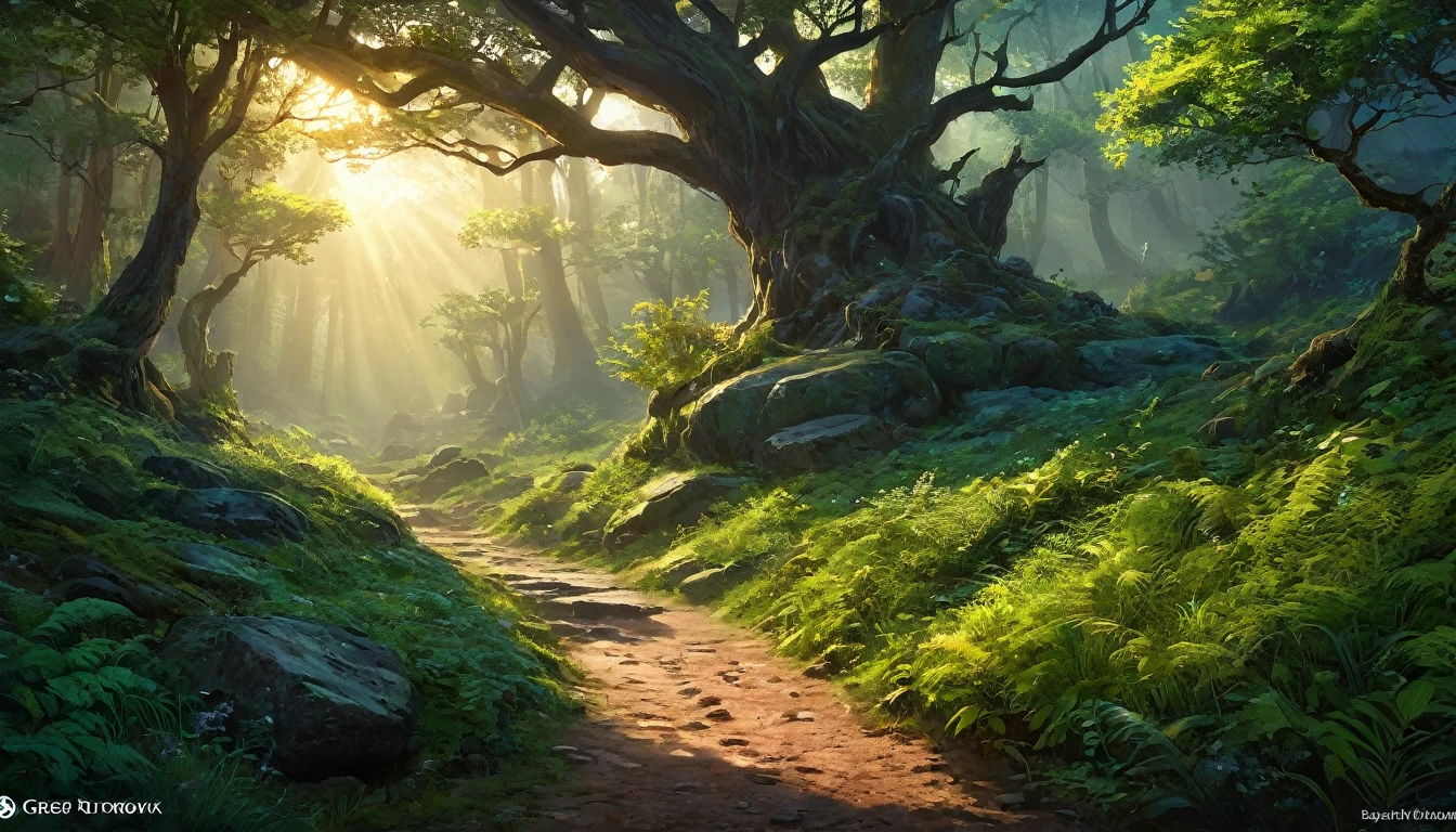 (anime, dark fantasy), (by Greg Rutkowski: 1.2), (masterpiece, best quality, high resolution, highly detailed, depth of filed, HDR:1.2), (a dirt road lead to a forest, forest entrance, large bushes, small boulders scattered, mysterious, dark hue), fantastical landscapes, vibrant colors, majestic, dark enchanted, dangerous atmosphere, beautiful, extremely detailed, intricate, delicate, serene fantasy, cinematic lighting, 8k, high quality