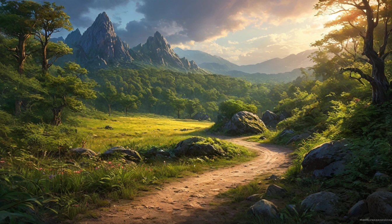 (anime, dark fantasy), (by Greg Rutkowski: 1.2), (masterpiece, best quality, high resolution, highly detailed, depth of filed, HDR:1.2), (a dirt road lead to a forest, forest entrance, large bushes, small boulders scattered, mysterious, dark hue), fantastical landscapes, vibrant colors, majestic, dark enchanted, dangerous atmosphere, beautiful, extremely detailed, intricate, delicate, serene fantasy, cinematic lighting, 8k, high quality
