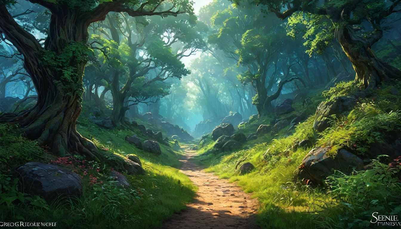 (anime, dark fantasy), (by Greg Rutkowski: 1.2), (masterpiece, best quality, high resolution, highly detailed, depth of filed, HDR:1.2), (a dirt road lead to a forest, forest entrance, large bushes, small boulders scattered, mysterious, dark hue), fantastical landscapes, vibrant colors, majestic, dark enchanted, dangerous atmosphere, beautiful, extremely detailed, intricate, delicate, serene fantasy, cinematic lighting, 8k, high quality