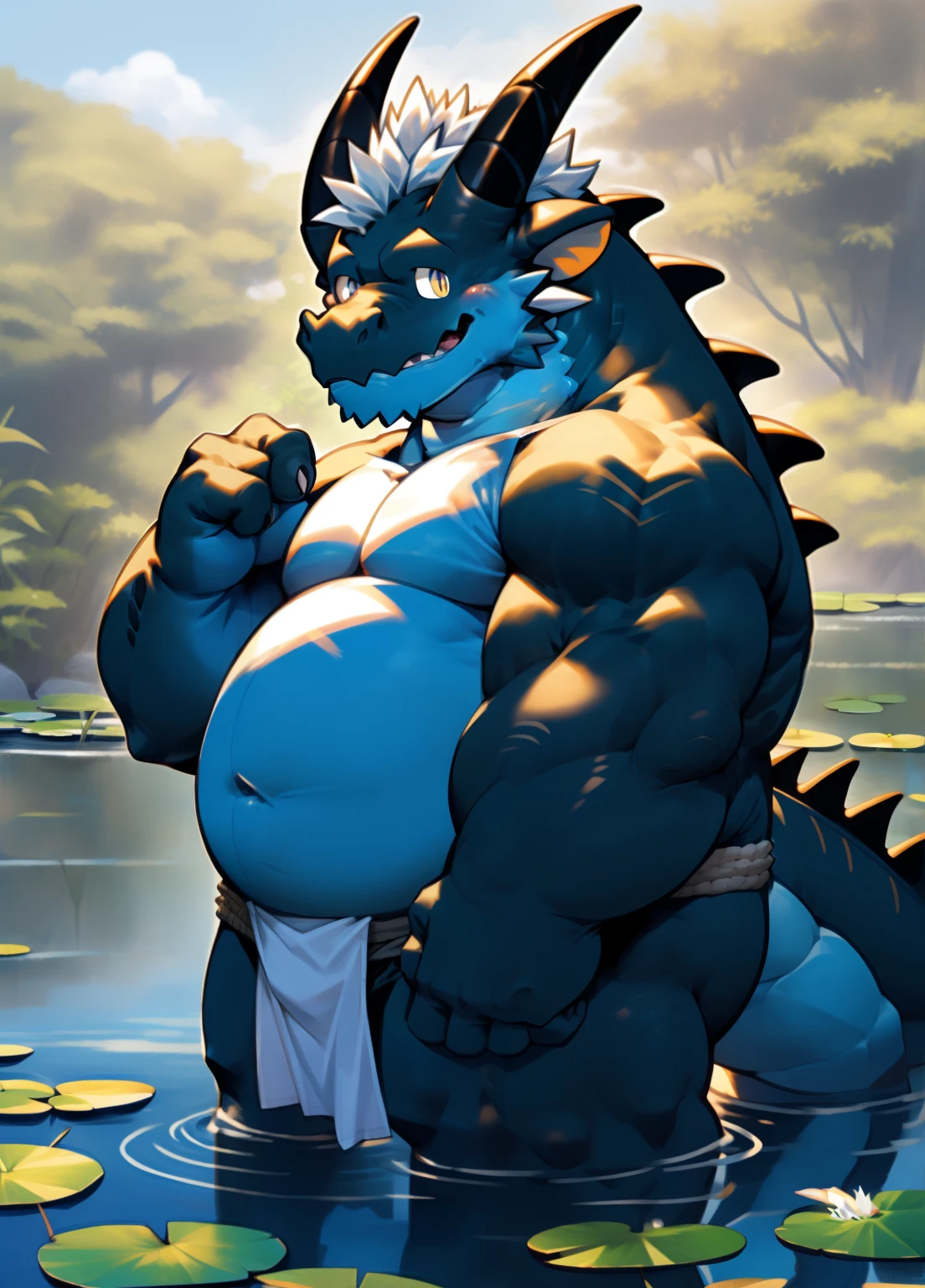dragon,solo,male,old,elder,senior, normal eye, humaniod,humaniod hands,black body,overweight,fat face,chubby body,big,tall,black moobs,black skin,black belly,white hair,short horn,short mouth, wearing white fundoshi, exposed,smlie,tender,lily pad, shirtless, not wearing shirts.