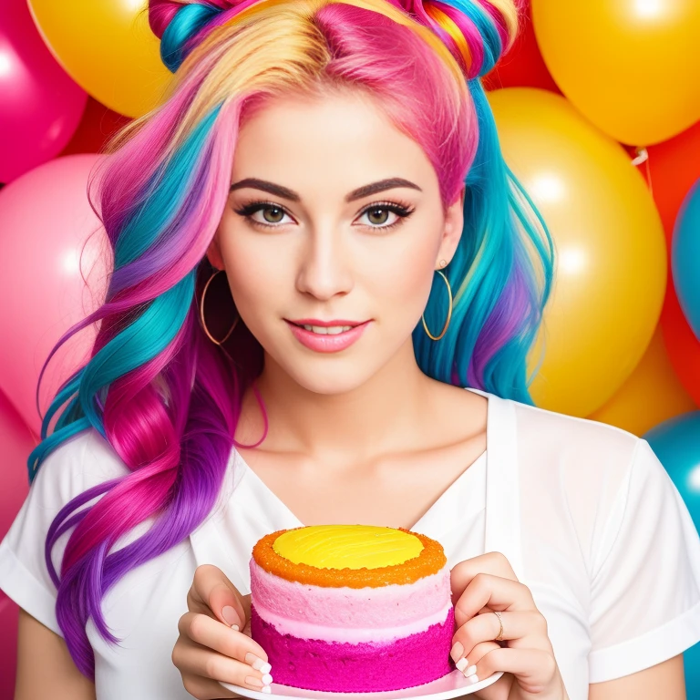 (best quality,4k,8k,high res,masterpiece:1.2),ultra-detailed, photorealistic, rainbow hair,long hair, Mature and beautiful, realistic portrayal:1.2 Sailor Moon eating rainbow cake for her birthday. David Taylor 2000s photography
