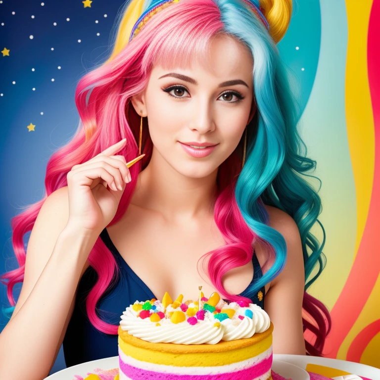 (best quality,4k,8k,high res,masterpiece:1.2),ultra-detailed, photorealistic, rainbow hair,long hair, Mature and beautiful, realistic portrayal:1.2 Sailor Moon eating rainbow cake for her birthday. David Taylor 2000s photography