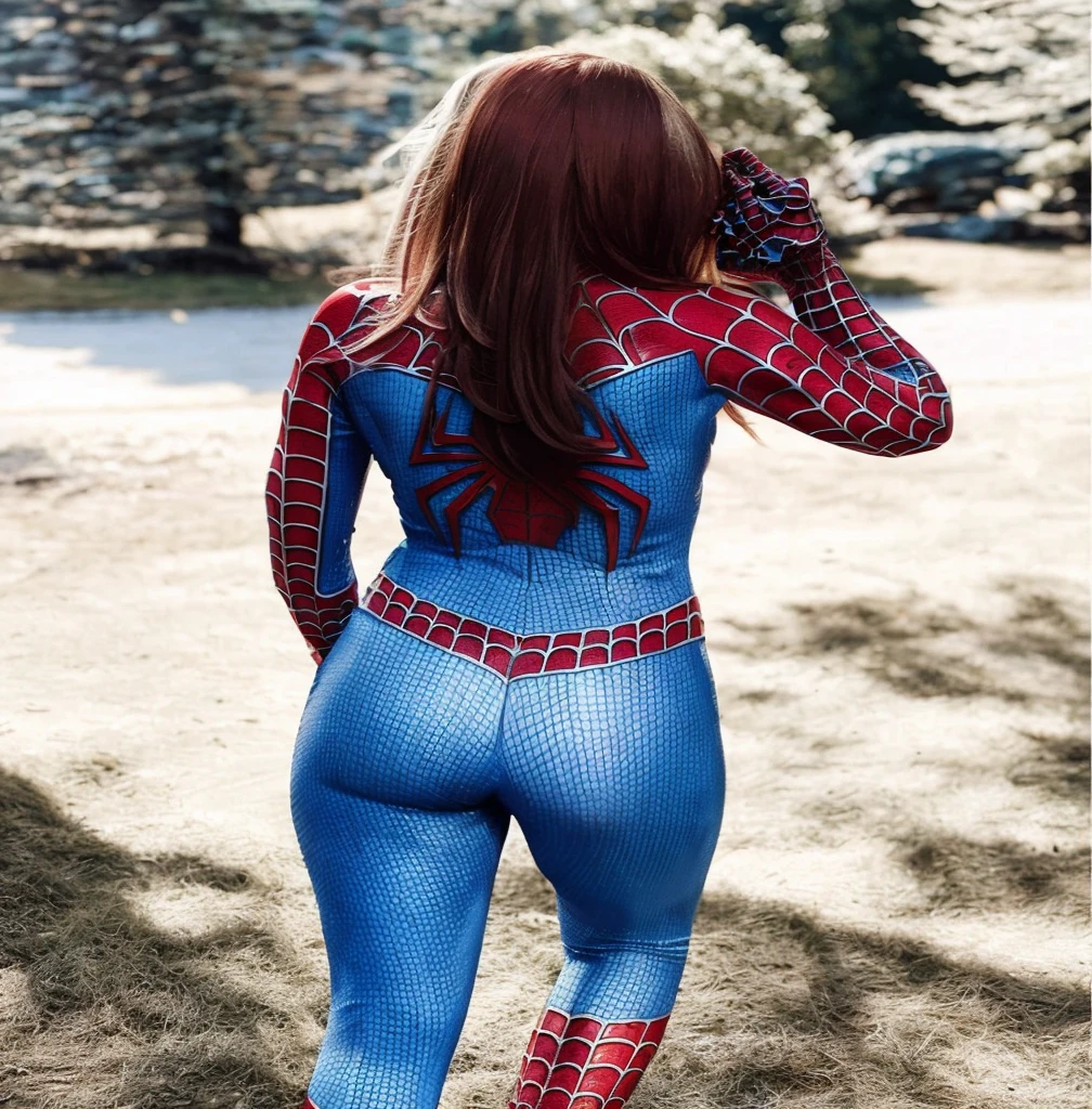 HD, realistic, detailed, smooth texture, masterpiece, 4D, 4K, ((perfect face)), ((a sexy woman wear spiderman costume)), medium hair, ((white hair)), big breasts, very sexy body, smile, sexy thick red lips, is in outdoor with a sexy pose, ((perfact body)).