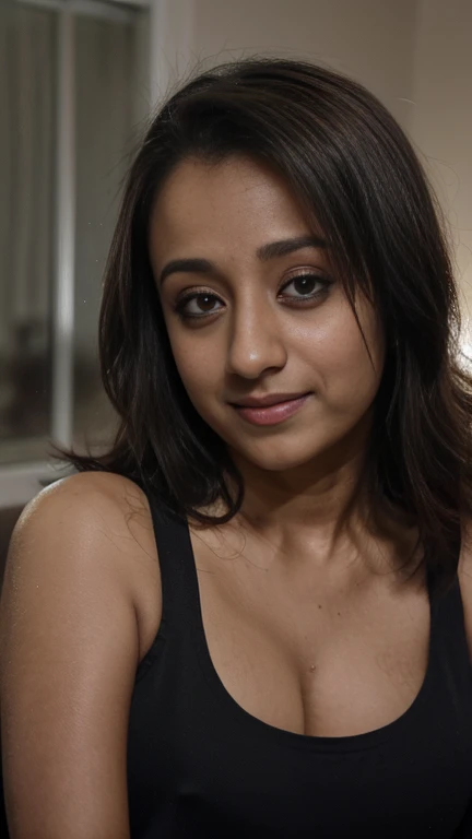 No make up closeup selfie bustshot of trisha,trisha krishnan, trks woman, hourglass figure, smile, seductive look, nighttime,small tank top, sharp focus, octane, HD, 4K, high resolution selfie, bedroom, 28 year old ((long face)), ( big cheeks), (( beautiful eyes)), shaggy messy hair