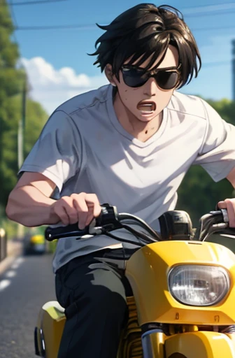 slow shutter, (blur:1.3), anime style, super fine illustration, highly detailed, dynamic angle, beautiful detailed, 8k, During the daytime on a road, BREAK a three-year-old boy with a pacifier  rides a  tricycle at high speed with a fierce expression. Initial D wind,Late Night,{masterpiece},{high quality},sunglasses,{Perfect Face},daisuke,