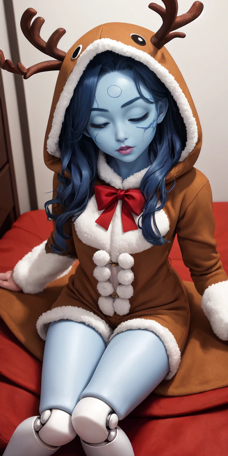 masterpiece, best quality, 1girl, solo, sitting, reindeer costume, IncrsRanni, wavy hair, cracked skin, colored skin, blue skin, extra faces, extra arms, doll, joints, doll joints, one eye closed, parted lips