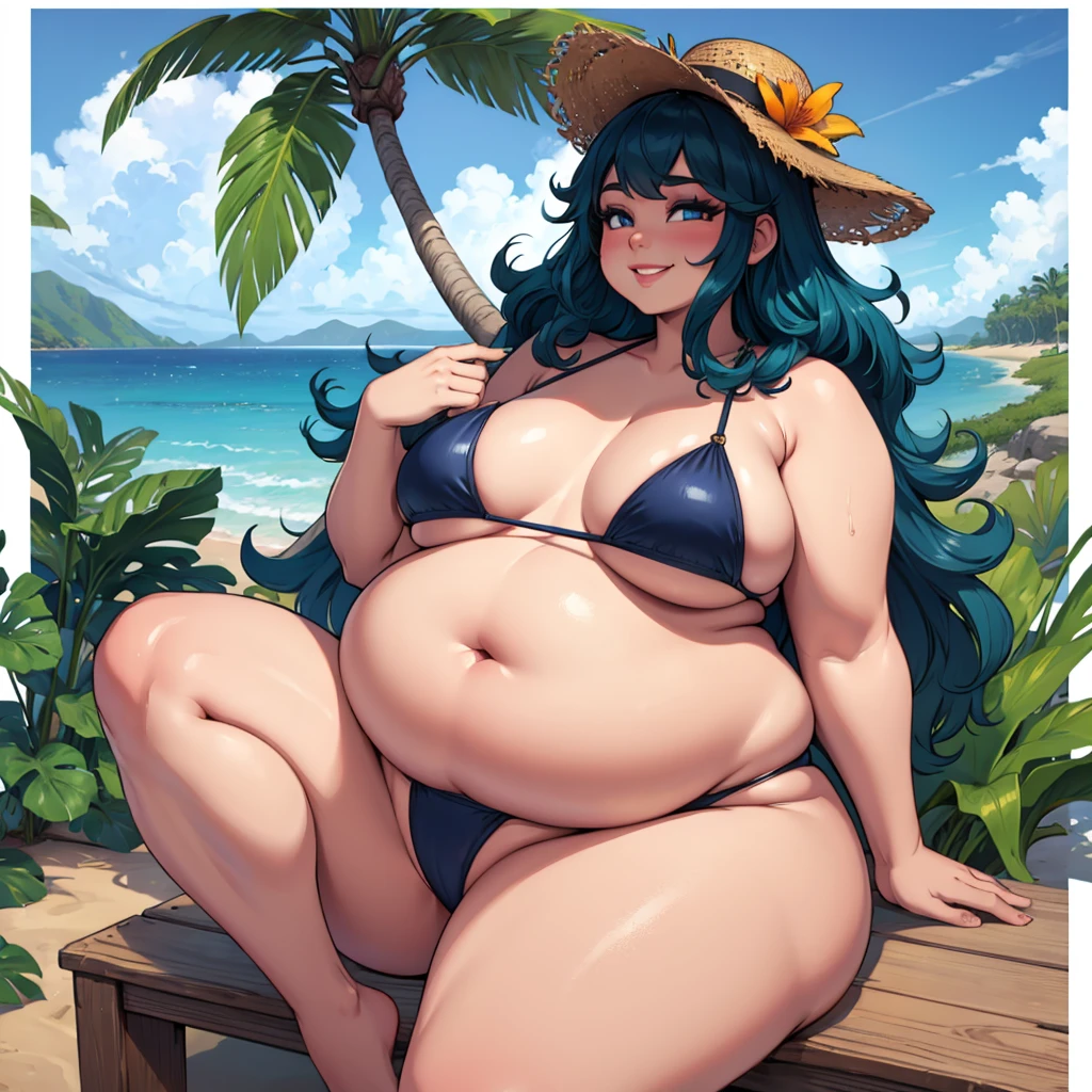 One Bbw, fat, obese, overweight, wavy hair, bikini, huge belly, make-up, tropical island, smiling
