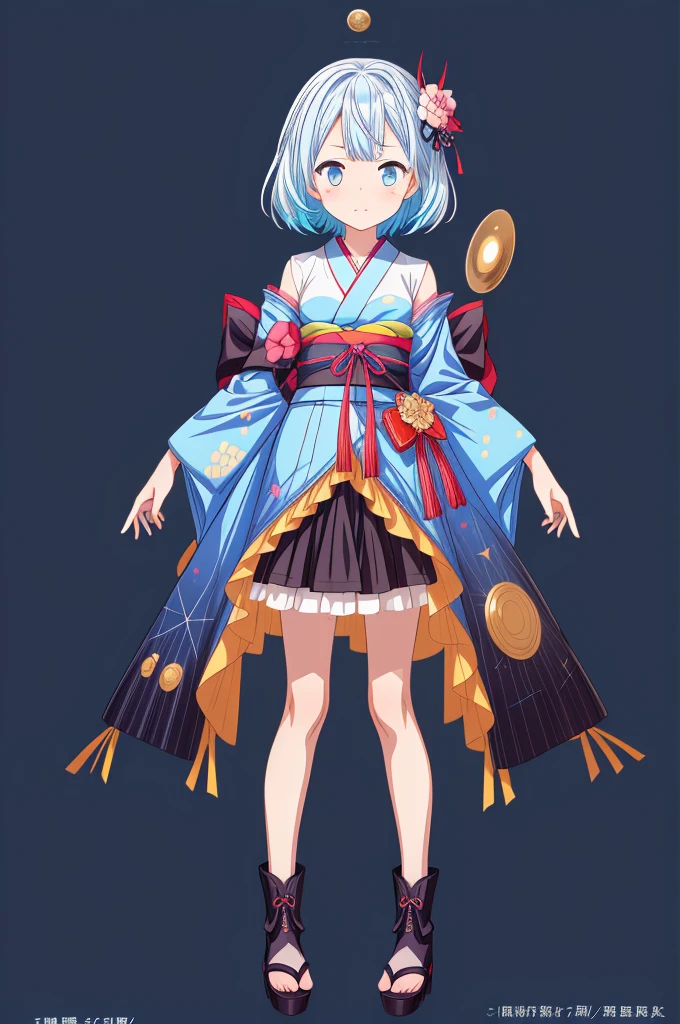 (((1girl)))、Star Fairy、vtuber-halfbody、(((highest quality、Masterpiece、The best composition、Golden Ratio、Official Art、Super detailed、Super detailedな目)))、ultra detailed, from front, headshot、 blue and white hair color、Short bangs above eyebrows、Short Hair、Standing in front of the viewer、A galaxy patterned outfit made from a remake of kimono and gothic lolita, with dark blue and light blue as the main colors.、Knee-high boots、Pure white simple background、