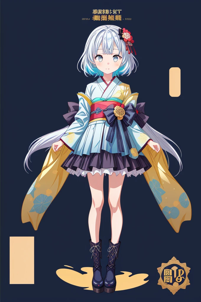 (((1girl)))、Star Fairy、vtuber-halfbody、(((highest quality、Masterpiece、The best composition、Golden Ratio、Official Art、Super detailed、Super detailedな目)))、ultra detailed, from front, headshot、 blue and white hair color、Short bangs above eyebrows、Short Hair、Standing in front of the viewer、A galaxy patterned outfit made from a remake of kimono and gothic lolita, with dark blue and light blue as the main colors.、Knee-high boots、Pure white simple background、