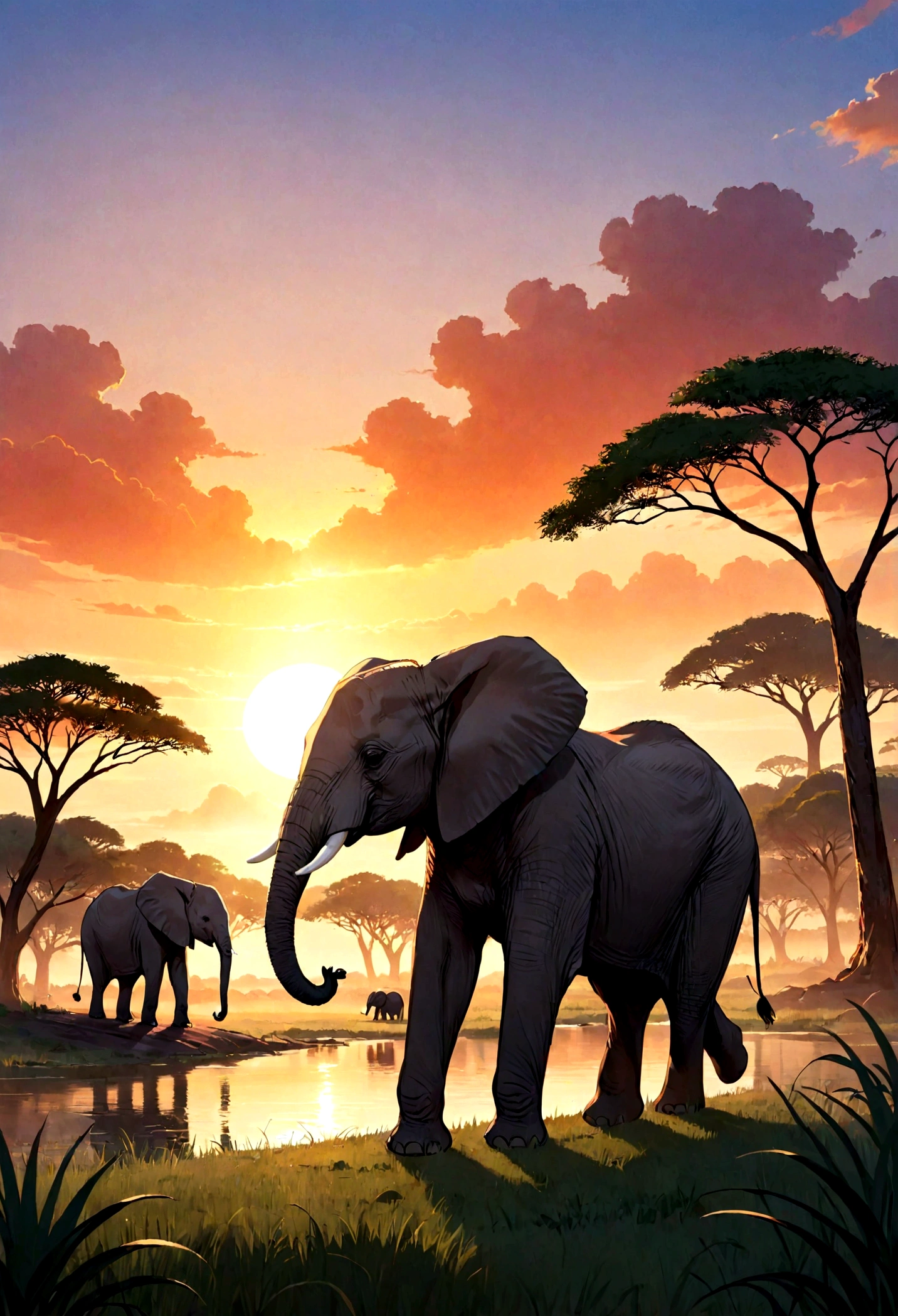 Make a thumbnail for a YouTube channel. The theme of the video is: Escreva "O Bebe Elefante Perdido na Savana. Use African landscapes with sunsets. and a photo of a baby elephant. Use flashy colors in the African color palette.
