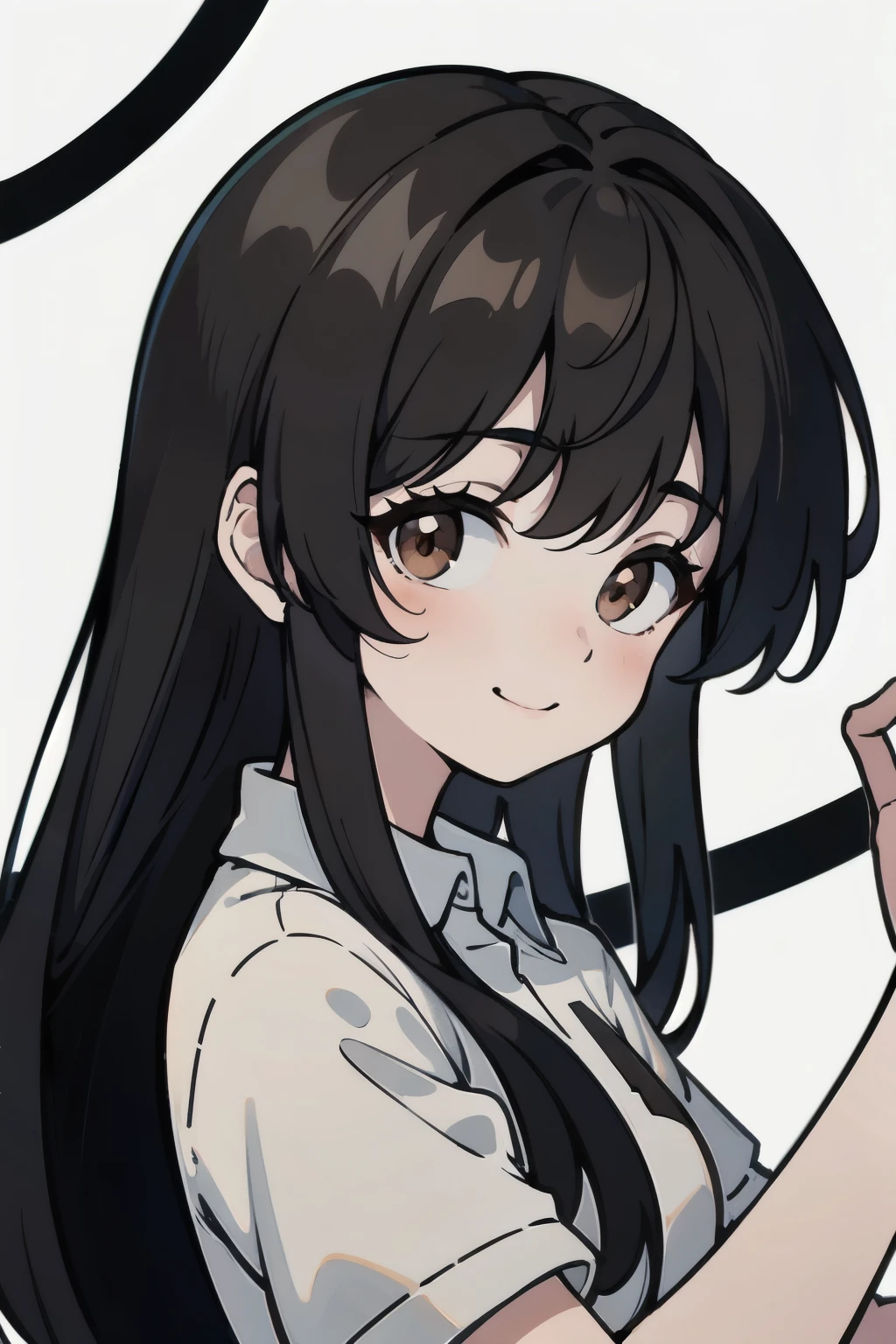 masterpiece, Best quality1，Become a, Long hair, looking at the audience, Solitary, Brown eyes, shirt , !, brown hair, white shirt, Bangs, Upper Body, gentle，Smile, Black Hair, shadow , front，Holding a white sign，Cover your mouth，Raise your eyes，There is no light and shadow，Solid color background
