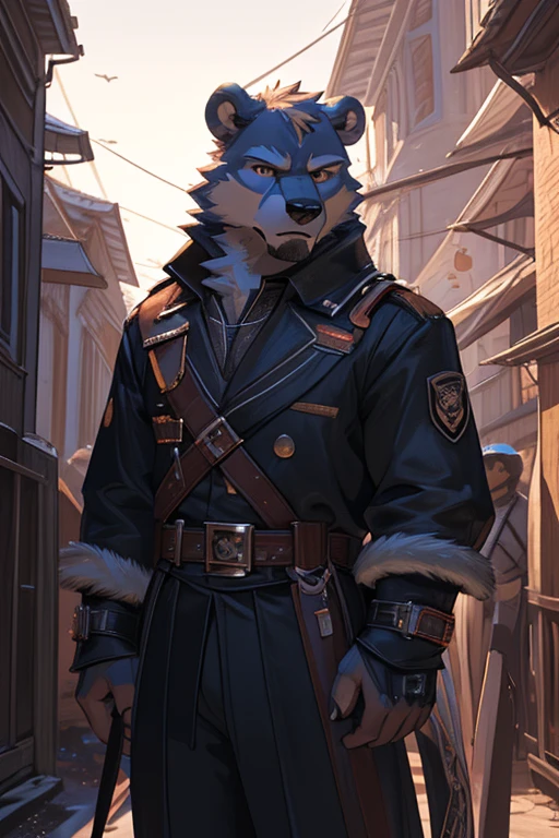 a handsome large muscular polar bear with a short messy fringe, wearing a British firefighter uniform, dominant body posture, sassy expression, (best quality, 8k, highres, masterpiece:1.2), (detailed, ultra-detailed, realistic:1.37), cinematic lighting, dramatic colors, epic scene