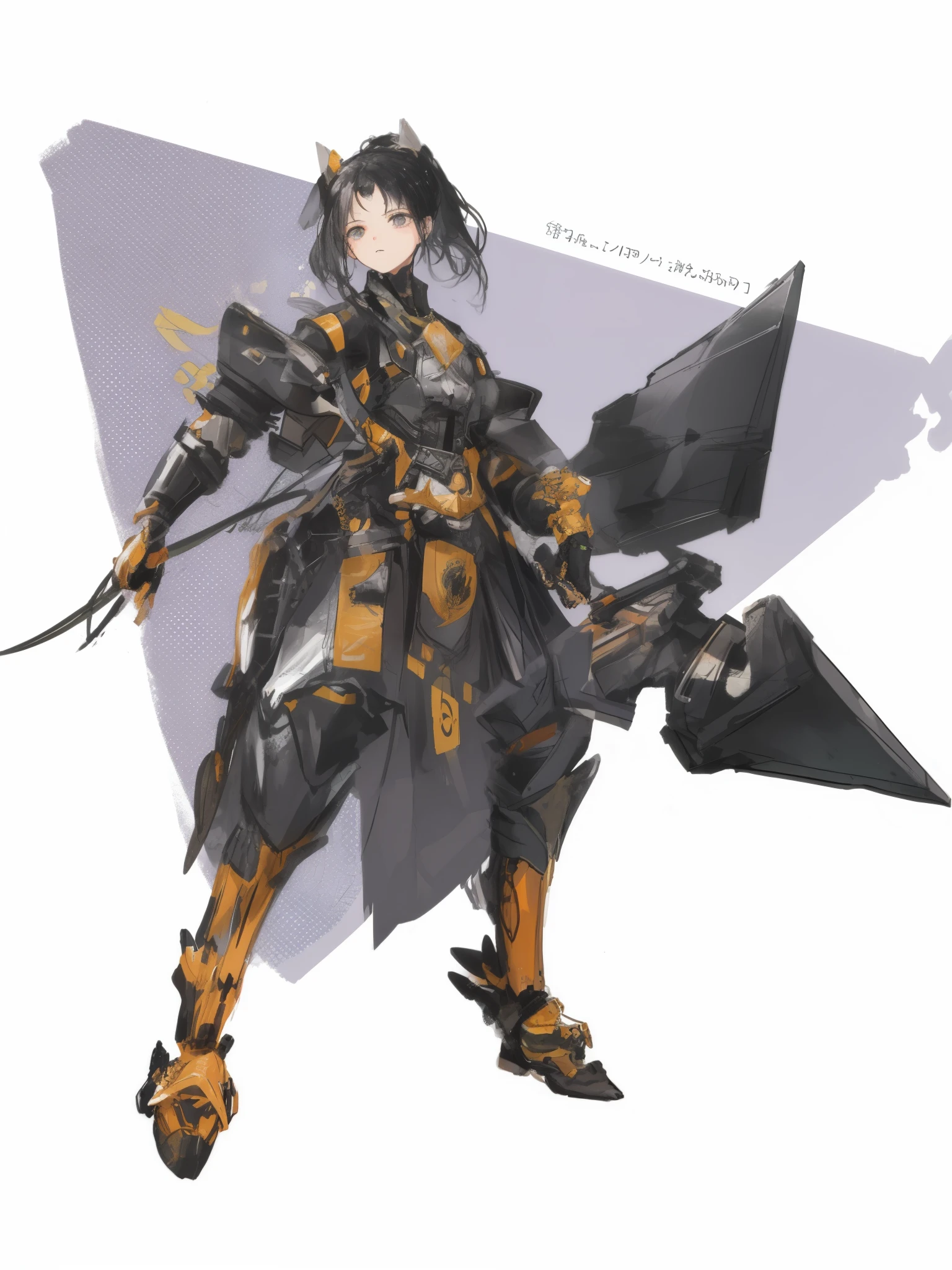 (ponytail forehead hair pulled back:1.3), (black hair:1.3), a drawing of a female character with a sword and armor, interesting character design, black armor with yellow accents, sao style anime, in monster hunter armor, mechanized valkyrie girl, armor girl, anime mech armor, anime concept art, zhongli from genshin impact, ( ( character concept art ) ), shirow masamune, best anime character design