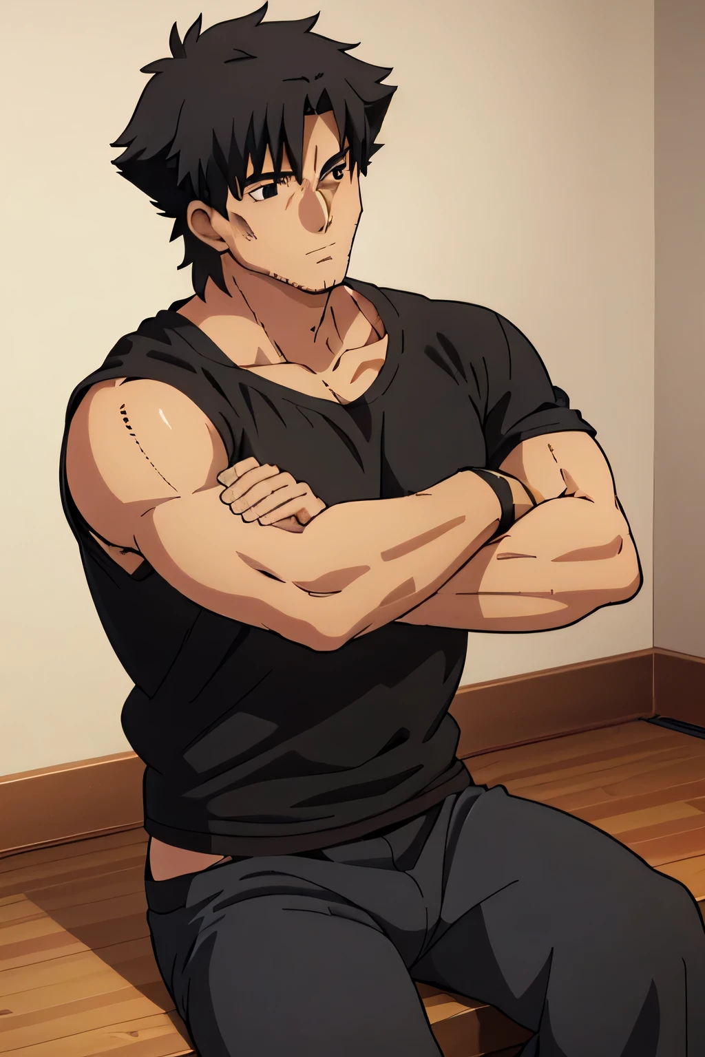 Kiritsugu is sitting and flexing his biceps and abs. He wears black short boxershorts. You can see his thighs. He wears a black tshirt with short sleeves. His right sleeve is completely rolled up so you can see his entire arm and shoulder. He is showing his abs too.