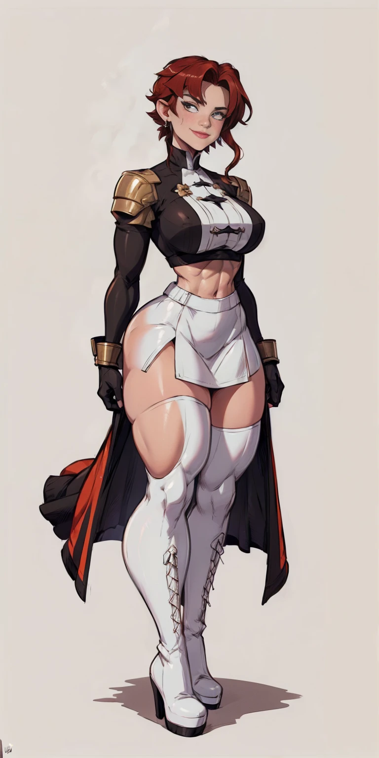 (((1 girl))) short hair, earings ,glossy lips ,team rocket uniform, red letter R, white skirt, white crop top, black thigh-high boots, black elbow gloves, evil smile, looking at viewer, cowboy shot, arms crossed, full body photo Mercedes von Martritz (Fire Emblem: Three Houses)