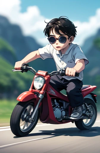 slow shutter, (blur:1.3), anime style, super fine illustration, highly detailed, dynamic angle, beautiful detailed, 8k, During the daytime on a road, BREAK a three-year-old boy with a pacifier  rides a  tricycle at high speed with a fierce expression. Initial D wind,Late Night,{masterpiece},{high quality},sunglasses,{Perfect Face},Mountain pass