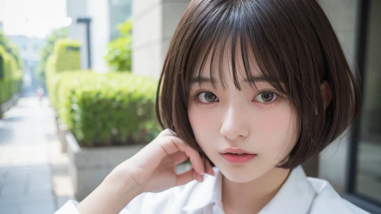 (Bob Cut Hair:1.2),(Wearing uniform:1.2),1 girl,Japanese,21 years old,(Small breasts:1.3),(highest quality,masterpiece:1.3,超A high resolution,),(Super detailed,Caustics),(Realistic:1.4,RAW shooting,)Ultra-Realistic Capture,Very detailed,High resolution 16K human skin closeup。 Natural skin texture、,pores、、It needs to be detailed enough to be easily identifiable。 Skin tone is even and healthy looking。 Use natural light and color, Sad expression, Looking into the camera, Perfect dynamic composition, Outdoor