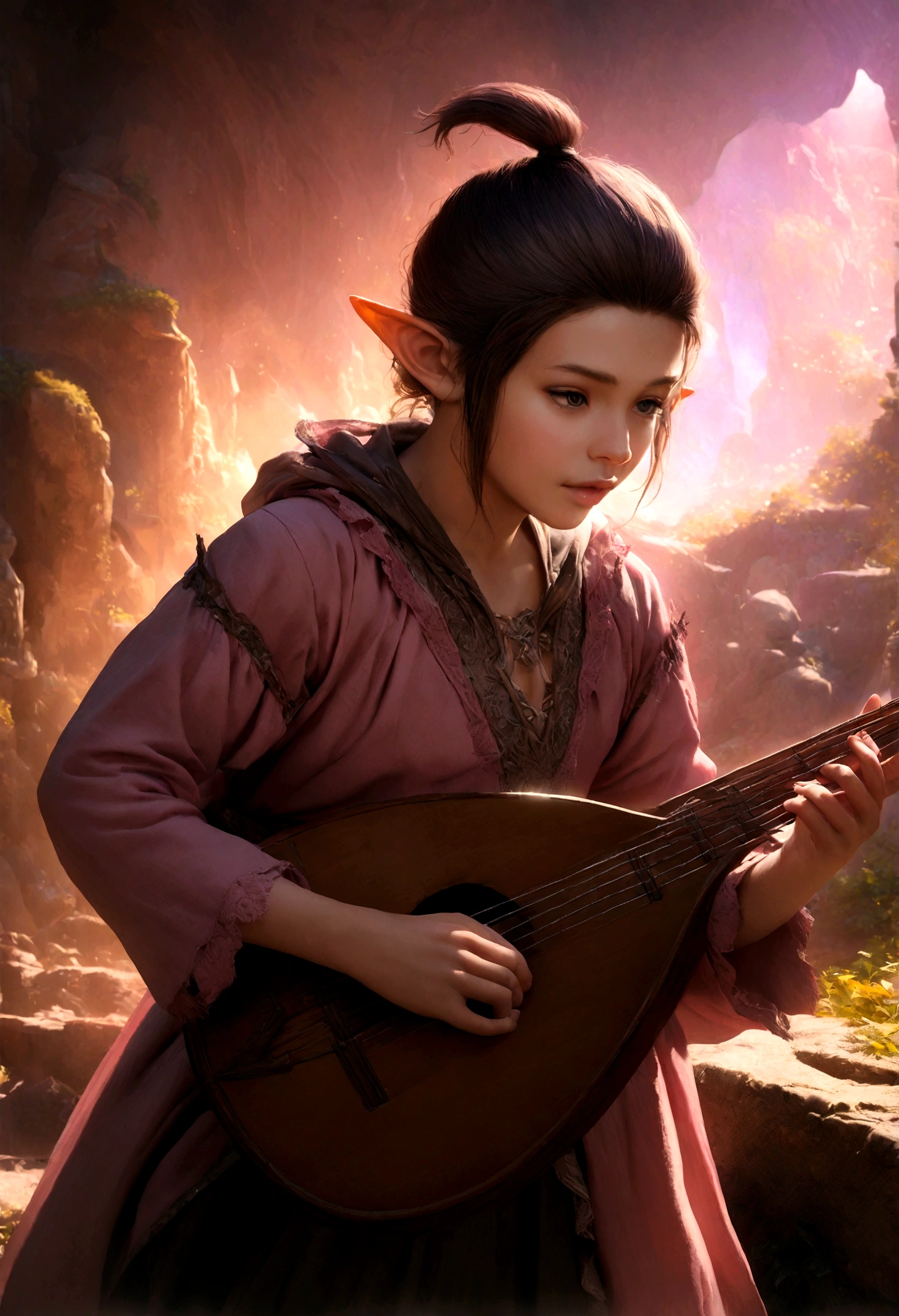 a young male gnome bard with pointy ears, wearing pink and black clothes, playing a lute, with a half-pink half-black topknot hairstyle, fantasy art, masterpiece, photorealistic, 8k, highly detailed, cinematic lighting, vibrant colors