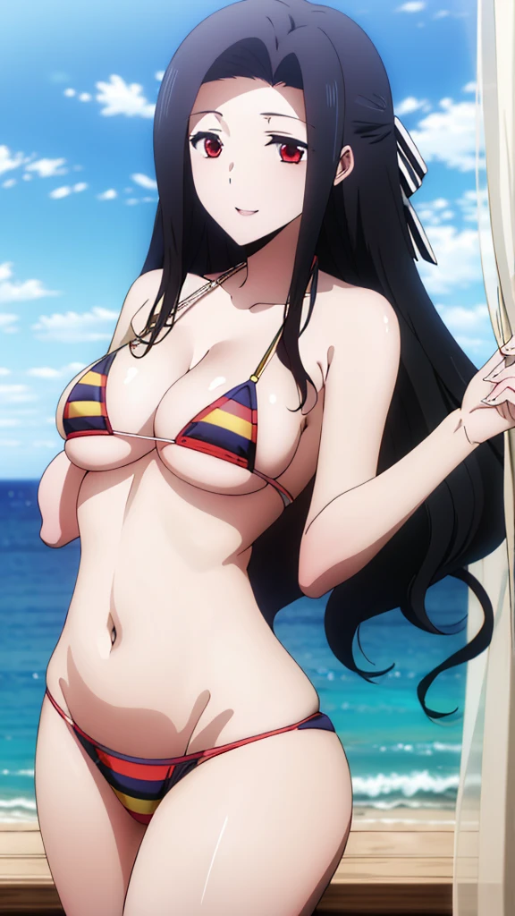 (masterpiece, 4K, highest quality, anime style: 1.9, Detailed face, Lovely, Ocean,Bold Line, High resolution, anime, Lake 4. alone, Curvaceous, Thighs, Cleavage, Center of chest, smile, Please open your mouth wide, Very slim belly, Cowboy Shot,(((Striped bikini))),1 girl,Red eyes, Black Hair, Long Hair, Wavy Hair, Curtain-like bangs