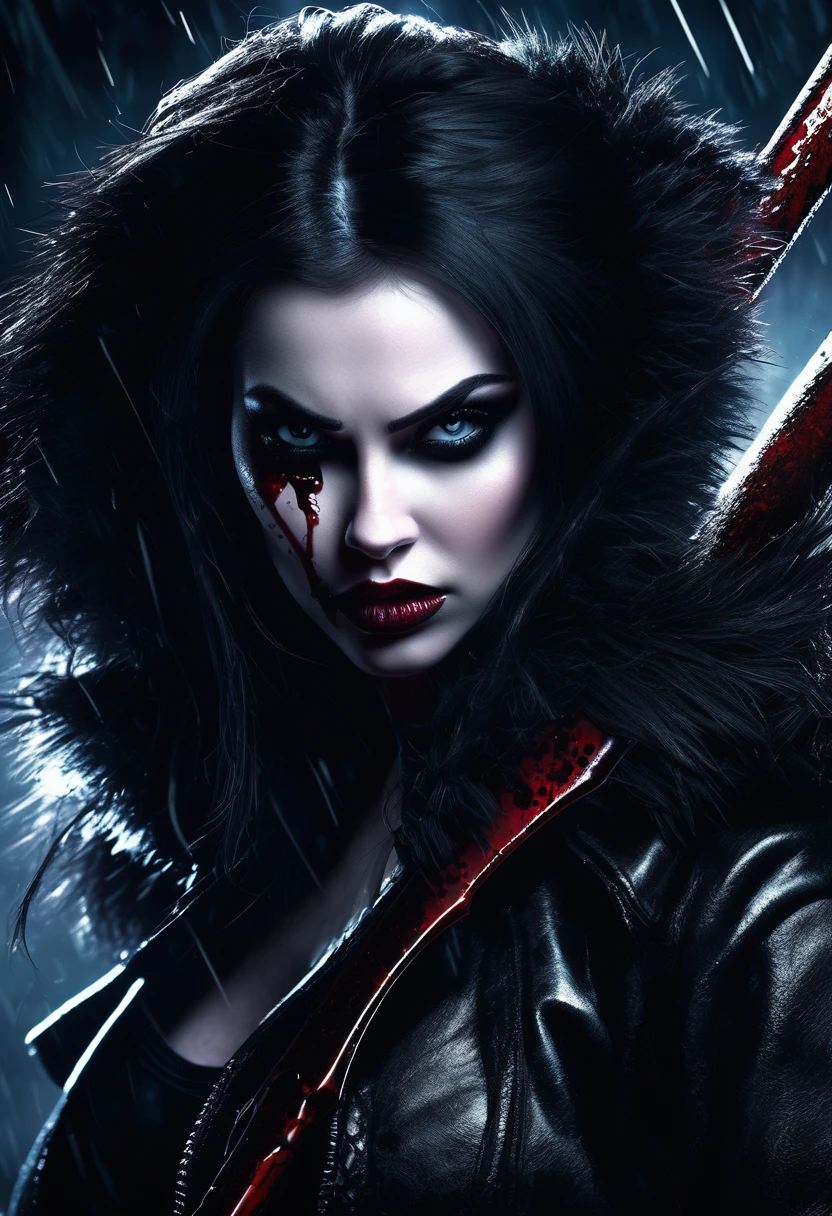 A mean girl, beautiful face, evil expression, piercing eyes, long eyelashes, detailed facial features, pale skin, dark makeup, dark outfit, cold demeanor, imposing presence, dramatic lighting, moody atmosphere, cinematic, dark fantasy, digital art, she is holding a bloody sledge hammer. Show her from head to toe, show all of her, show her entire body