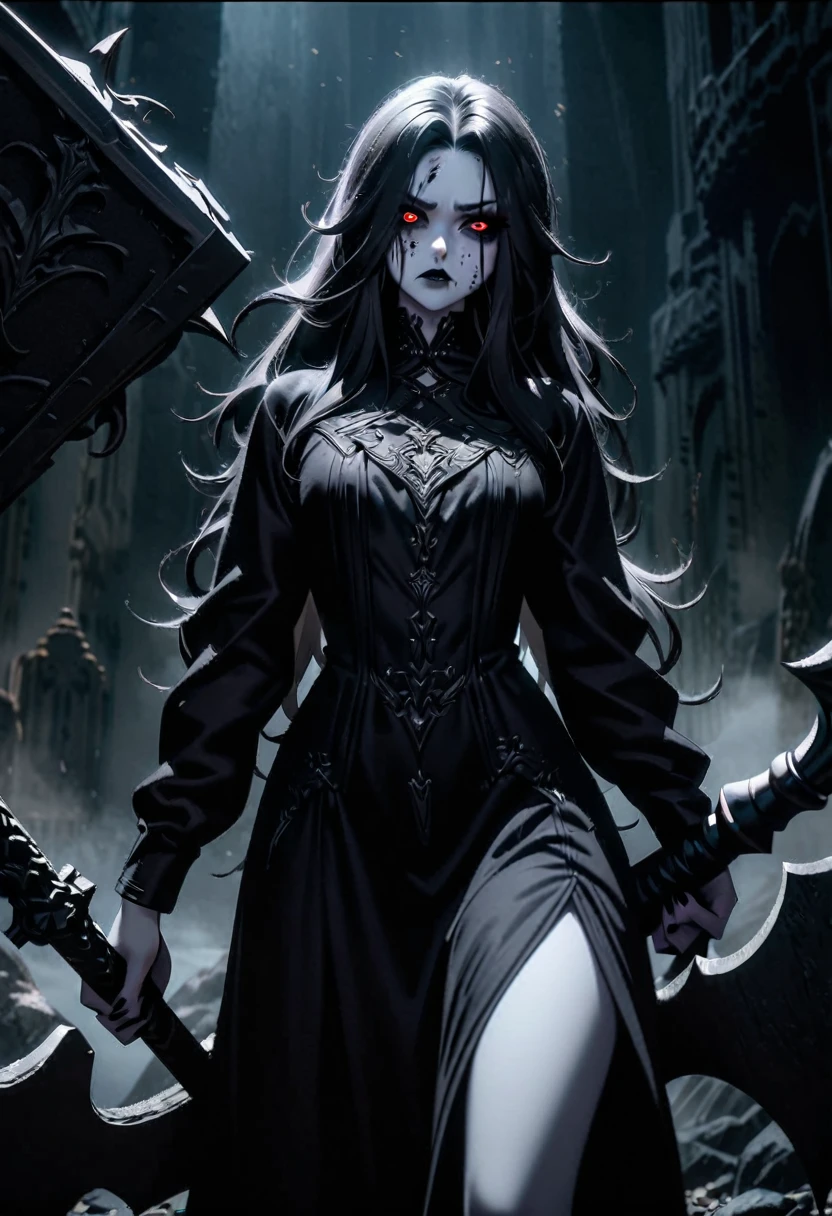 A mean girl, beautiful face, evil expression, piercing eyes, long eyelashes, detailed facial features, pale skin, dark makeup, dark outfit, cold demeanor, imposing presence, dramatic lighting, moody atmosphere, cinematic, dark fantasy, digital art, she is holding a bloody sledge hammer. Show her from head to toe, show all of her, show her entire body