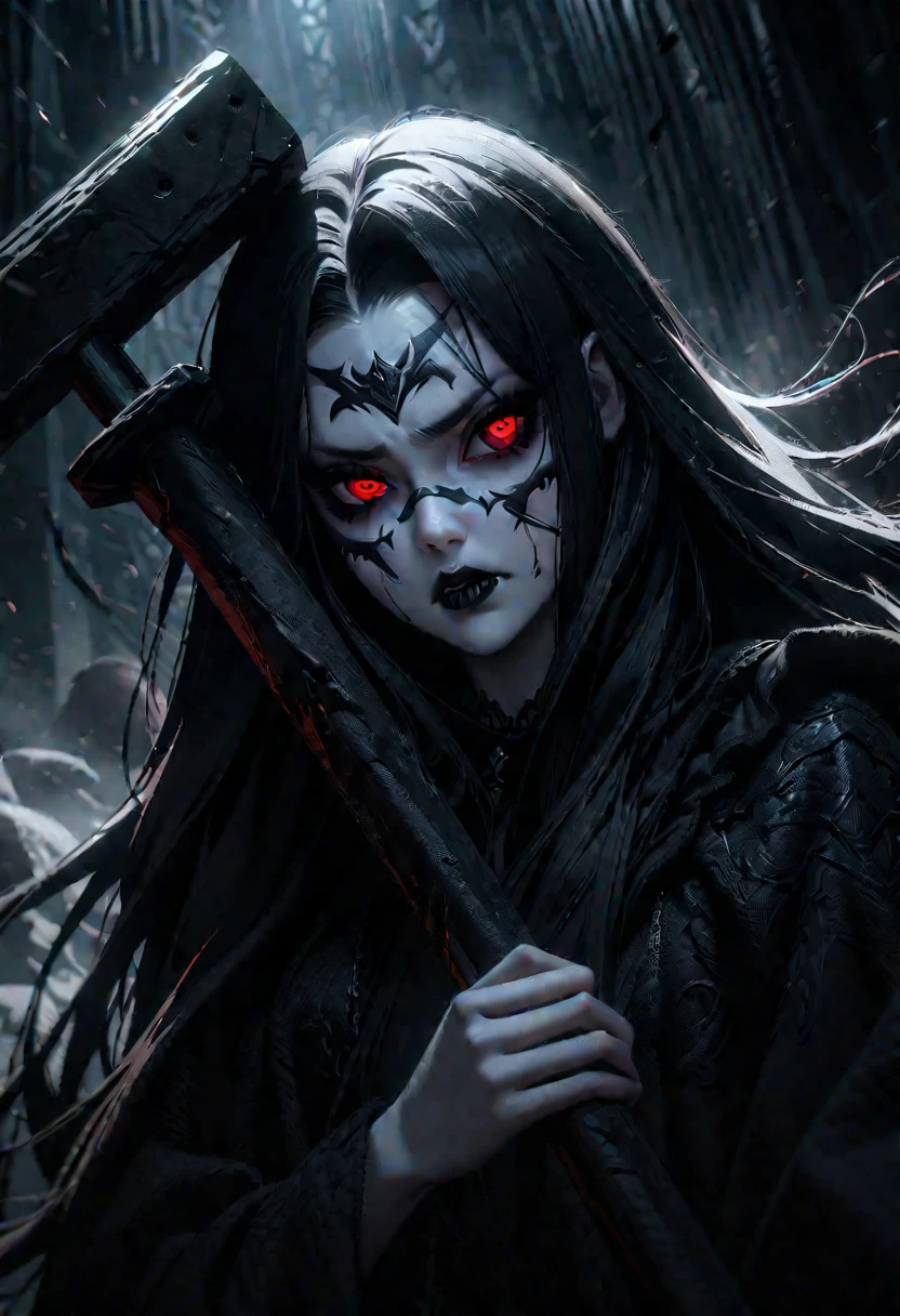 A mean girl, beautiful face, evil expression, piercing eyes, long eyelashes, detailed facial features, pale skin, dark makeup, dark outfit, cold demeanor, imposing presence, dramatic lighting, moody atmosphere, cinematic, dark fantasy, digital art, she is holding a bloody sledge hammer. Show her from head to toe, show all of her, show her entire body