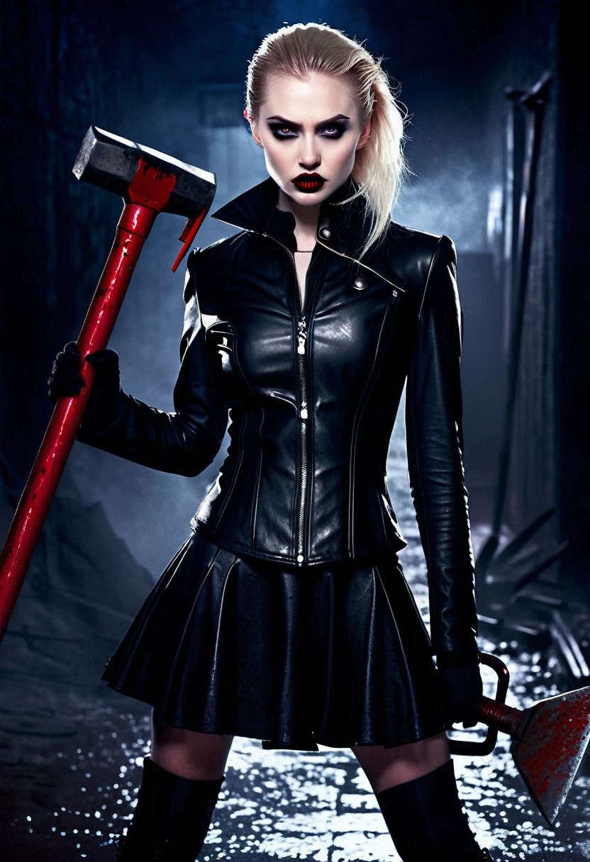 A mean girl, beautiful face, evil expression, piercing eyes, long eyelashes, detailed facial features, pale skin, dark makeup, dark outfit, cold demeanor, imposing presence, dramatic lighting, moody atmosphere, cinematic, dark fantasy, digital art, she is holding a bloody sledge hammer. Show her from head to toe, show all of her, show her entire body
