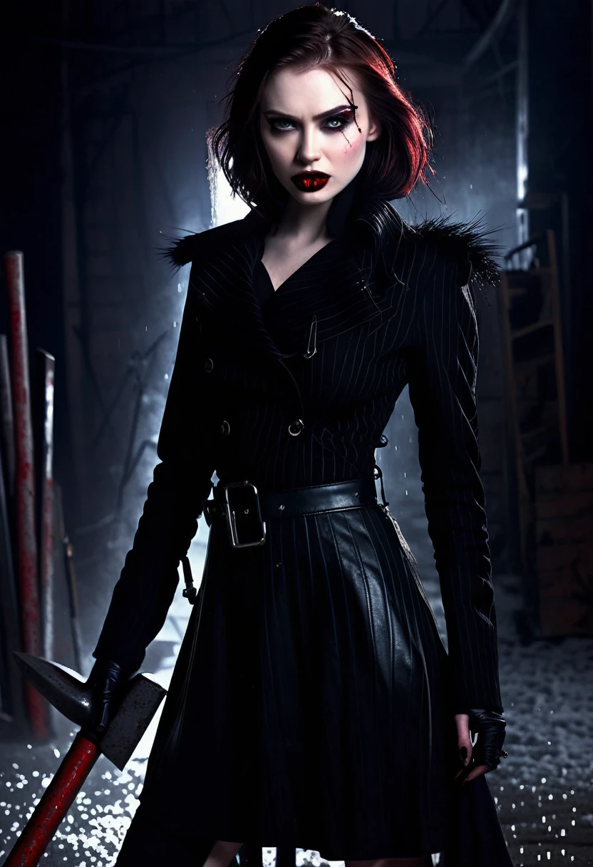 A mean girl, beautiful face, evil expression, piercing eyes, long eyelashes, detailed facial features, pale skin, dark makeup, dark outfit, cold demeanor, imposing presence, dramatic lighting, moody atmosphere, cinematic, dark fantasy, digital art, she is holding a bloody sledge hammer. Show her from head to toe, show all of her, show her entire body