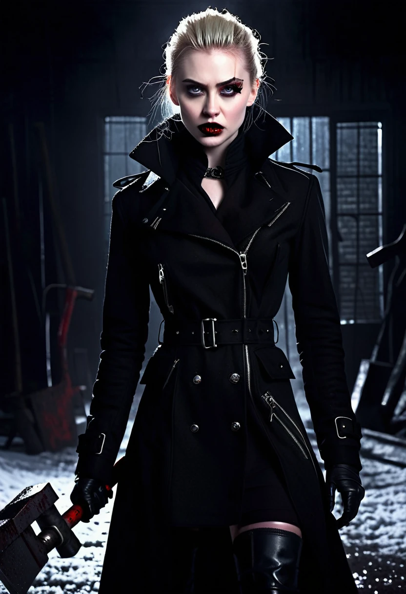 A mean girl, beautiful face, evil expression, piercing eyes, long eyelashes, detailed facial features, pale skin, dark makeup, dark outfit, cold demeanor, imposing presence, dramatic lighting, moody atmosphere, cinematic, dark fantasy, digital art, she is holding a bloody sledge hammer. Show her from head to toe, show all of her, show her entire body