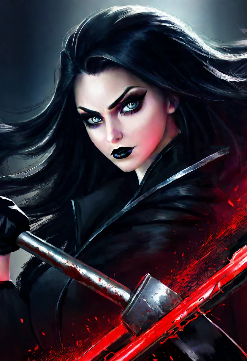 A mean girl, beautiful face, evil expression, piercing eyes, long eyelashes, detailed facial features, pale skin, dark makeup, dark outfit, cold demeanor, imposing presence, dramatic lighting, moody atmosphere, cinematic, dark fantasy, digital art, she is holding a bloody sledge hammer. Show her from head to toe, show all of her, show her entire body