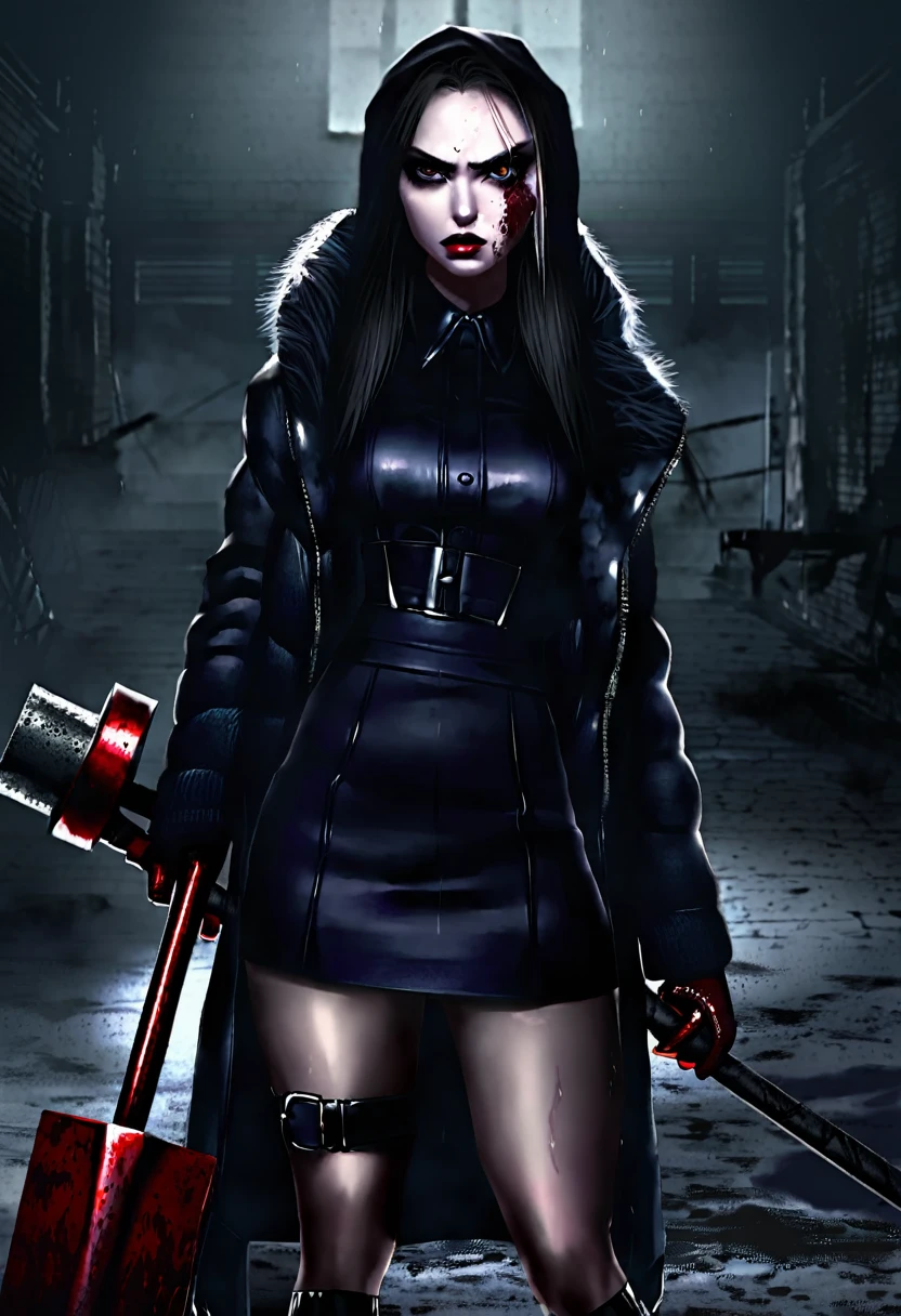 A mean girl, beautiful face, evil expression, piercing eyes, long eyelashes, detailed facial features, pale skin, dark makeup, dark outfit, cold demeanor, imposing presence, dramatic lighting, moody atmosphere, cinematic, dark fantasy, digital art, she is holding a bloody sledge hammer. Show her from head to toe, show all of her, show her entire body
