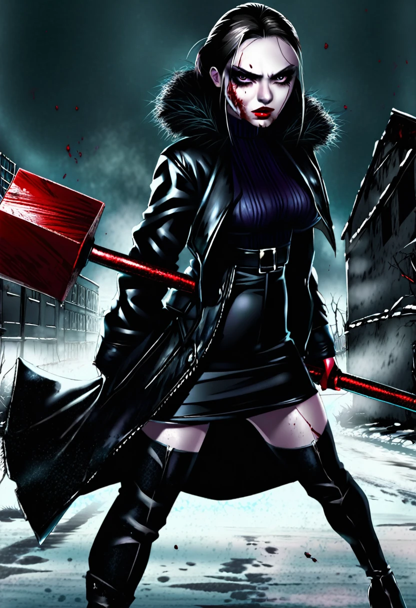 A mean girl, beautiful face, evil expression, piercing eyes, long eyelashes, detailed facial features, pale skin, dark makeup, dark outfit, cold demeanor, imposing presence, dramatic lighting, moody atmosphere, cinematic, dark fantasy, digital art, she is holding a bloody sledge hammer. Show her from head to toe, show all of her, show her entire body