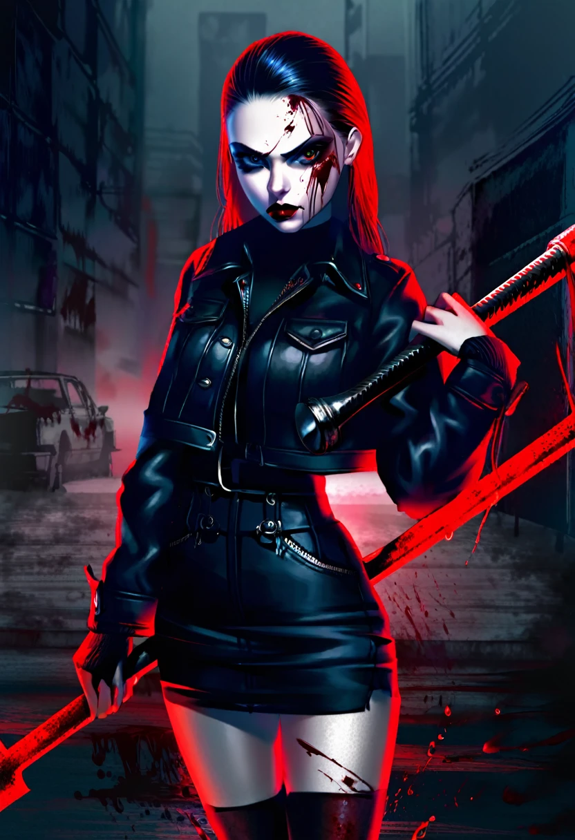 A mean girl, beautiful face, evil expression, piercing eyes, long eyelashes, detailed facial features, pale skin, dark makeup, dark outfit, cold demeanor, imposing presence, dramatic lighting, moody atmosphere, cinematic, dark fantasy, digital art, she is holding a bloody sledge hammer. Show her from head to toe, show all of her, show her entire body