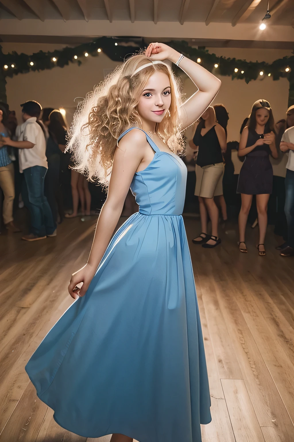 Country girl. Teen. Young adult. Very curly hair. Permed hair. Blonde. Headband. Blue eyes. Sweet. Romantic. Dancing at a party. Wearing a pretty dress. 
