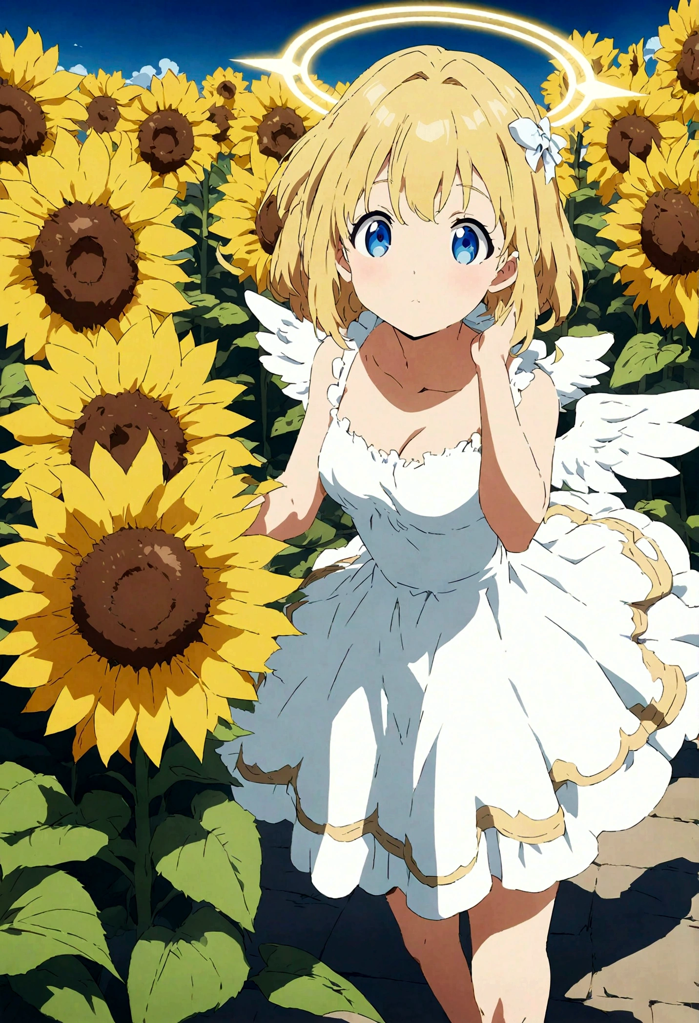 ((best quality)), ((masterpiece)), (detailed), Perfect face，Standing in a sunflower field，Yellow hair，Sunflower Angel，fantasy，8K，Blue sky, Beautiful sunflower anime angel halo, Sexy dress, きれいでdetailedなアニメアート, Beautiful anime angel, Beautiful anime art style, Anime Illustrations, Beautiful anime artwork, Anime style illustration, Beautiful anime art, Zero Art,, detailedなデジタルアニメアート