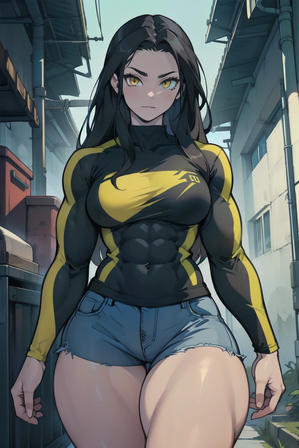 girl ((((muscular 1girl)))) ((((thick thighs toned body)))) (pale skin) black hair yellow eyes very long hair long sleeve tight t-shirt tight pants (straight hair)
