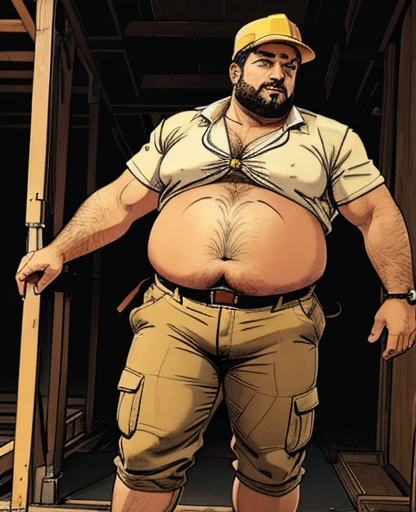 Just plump, chubby, extremely thick thighs, large belly, vestindo uma regata branca, Turkish construction worker male daddy,