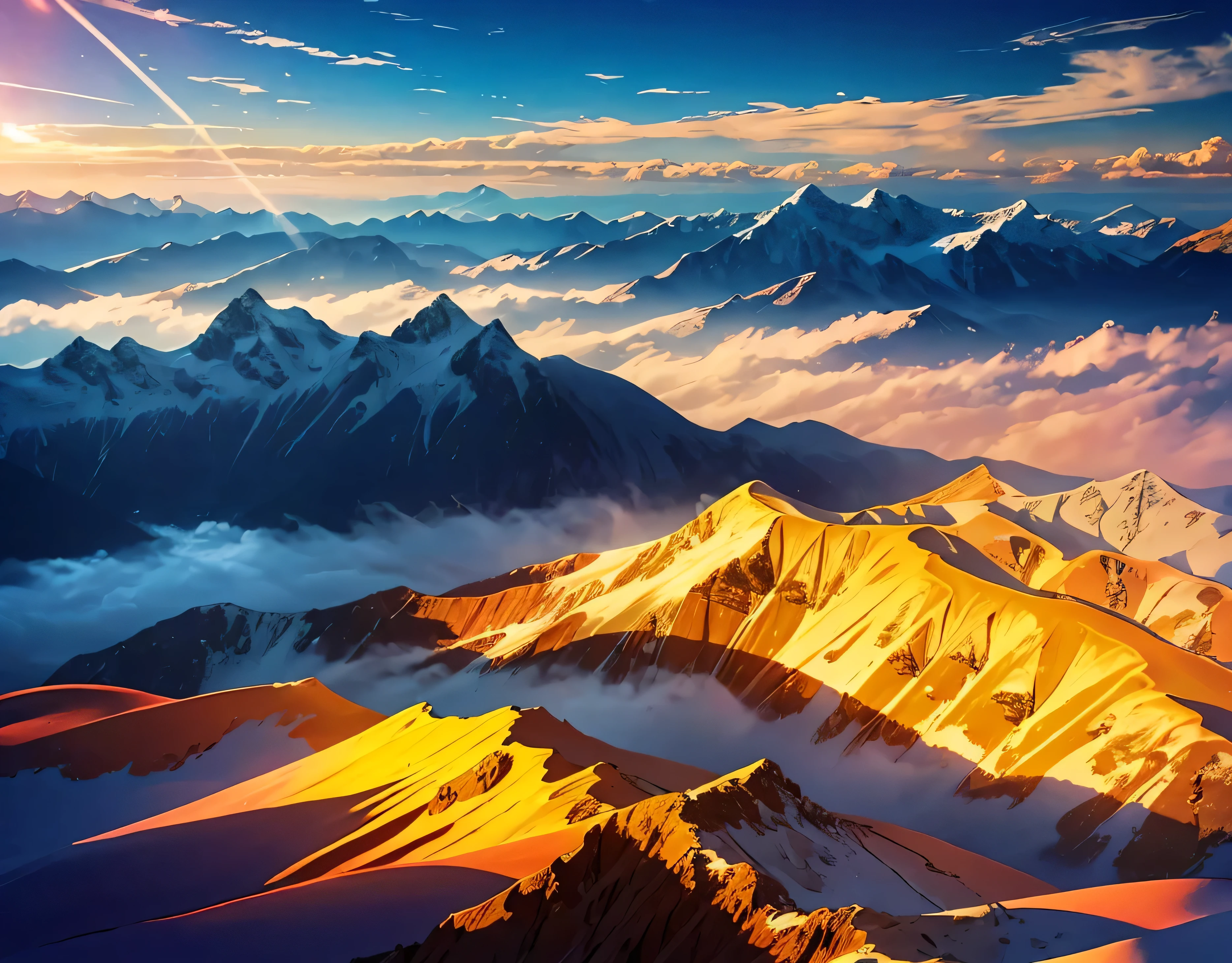 The morning sun shines brightly、The morning sun shines brightly、(Ultra-realistic:1.2), High resolution, (Bright colors, High resolution:1.1), (Sharp focus:1.1), (Physically Based Rendering:1.1), Tyndall effect, Colorful lights, (((Light shines through the gaps in the clouds))), Beautiful perspective, Contrasting Shadows, moving composition, Realistic landscape, unique configuration, Soft texture, Intricate details, Mysterious atmosphere, An artistic exploration of light and shadow,Golden dazzling light、A world view that will captivate all who see it、The world of nature、View from 3000m above sea level and mountain hut