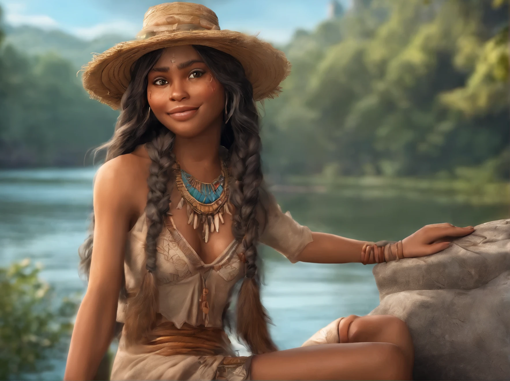 Cartoon character Brazilian indigenous adult female, Beige dress, Bronze skin, Long hair with bangs, Sitting by the river, masterpiece, best quality, Delicate skin, delicate eyes, Orange eyes,8K, Good light blocking properties, graceful brushstrokes, Detailed background, Good anatomy